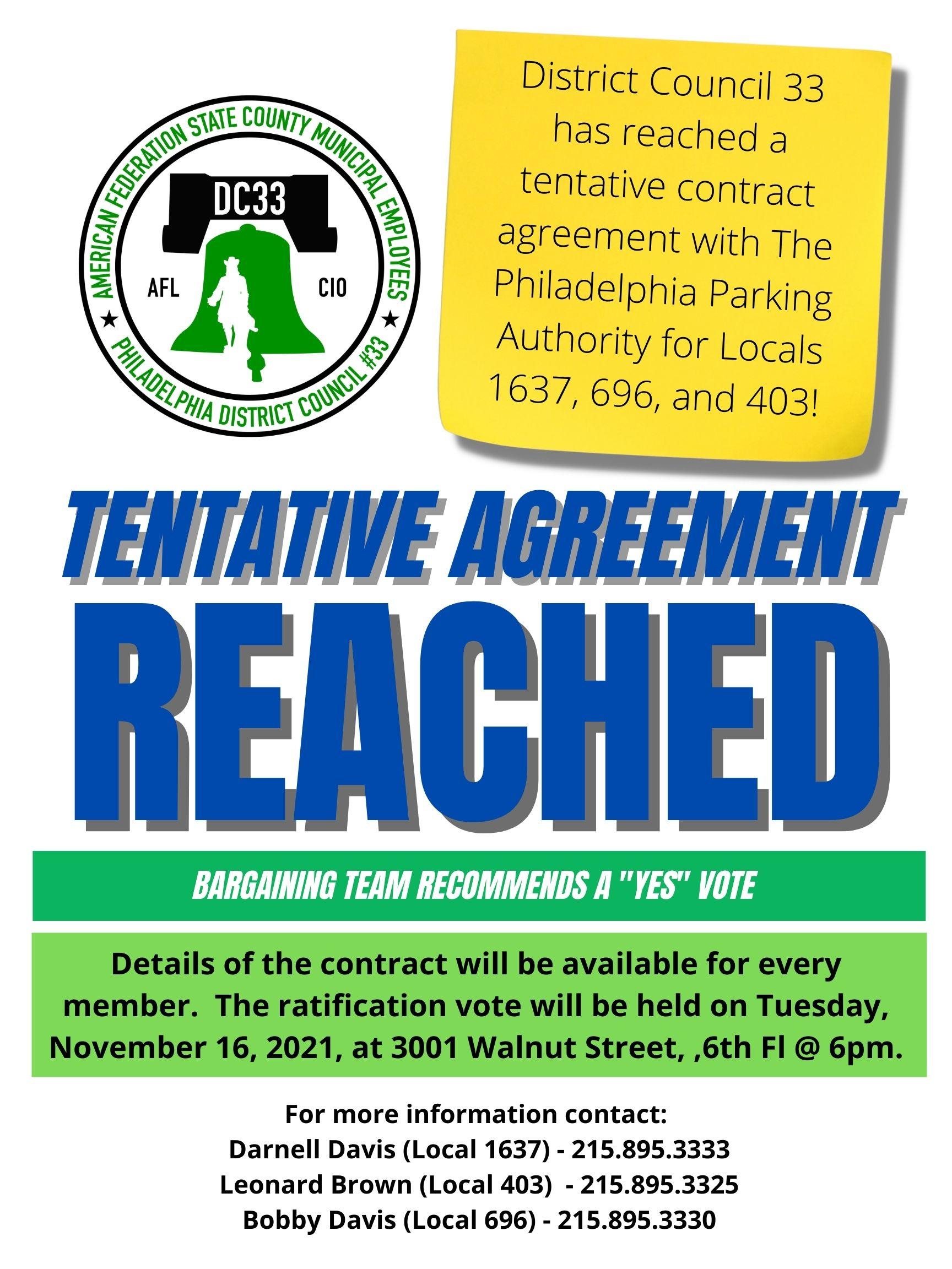 DC33 Locals 1637, 696, 403 Tentative Agreement | District Council 33